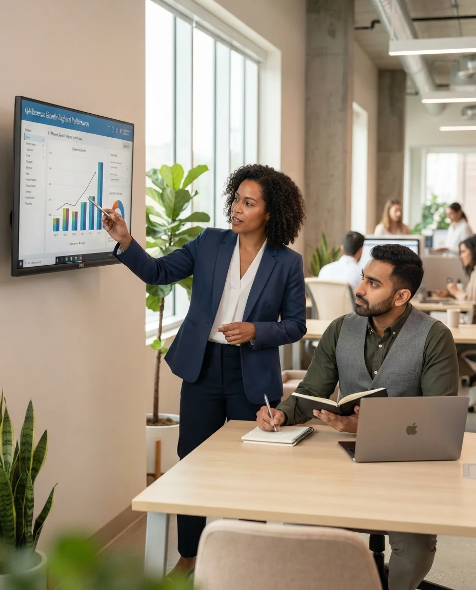 Digital marketing agency team reviewing SEO growth analytics