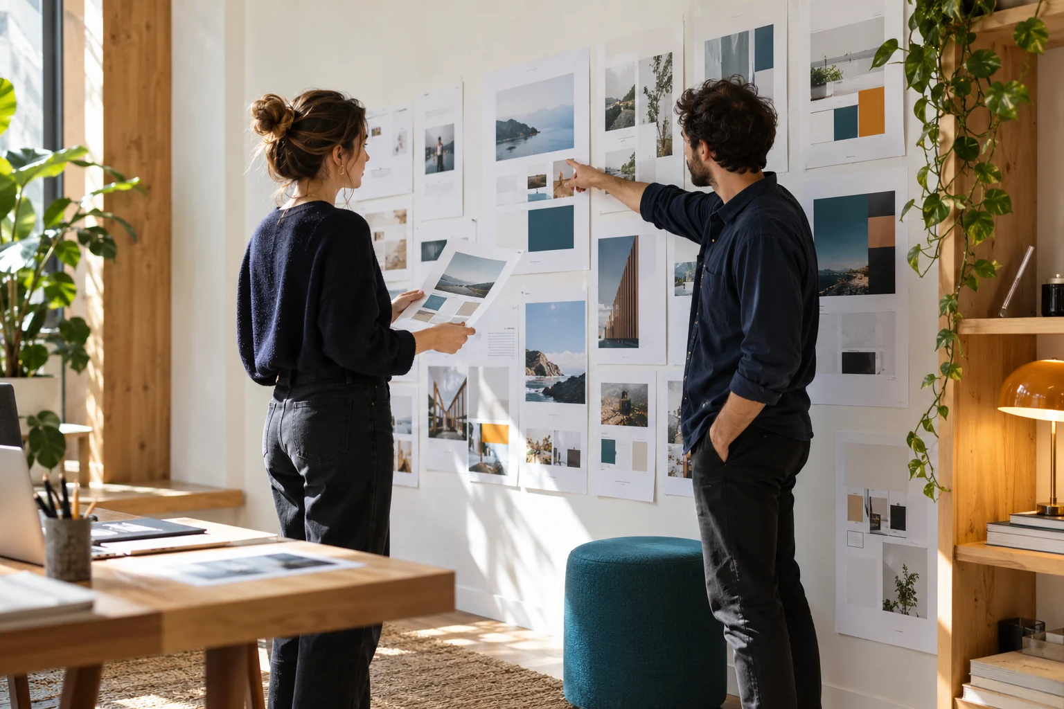 Conceptual designers considering website layouts and content together in a sunlit studio