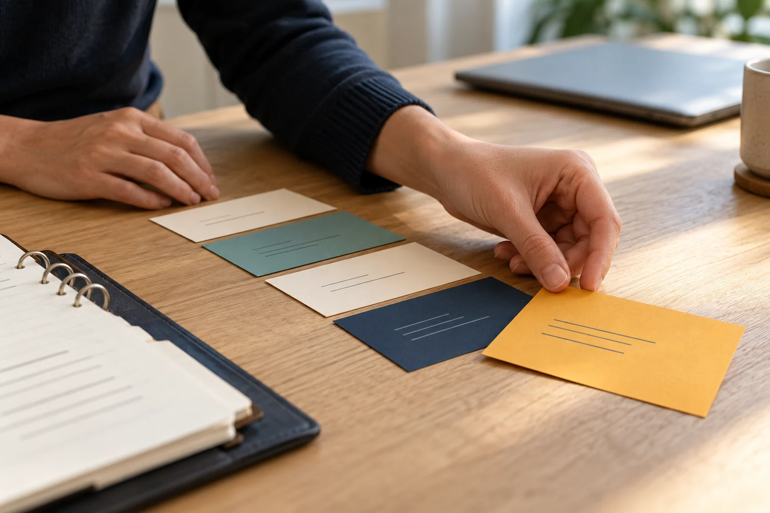 Conceptual hands arranging paper task cards into a clear sequence on a planning desk