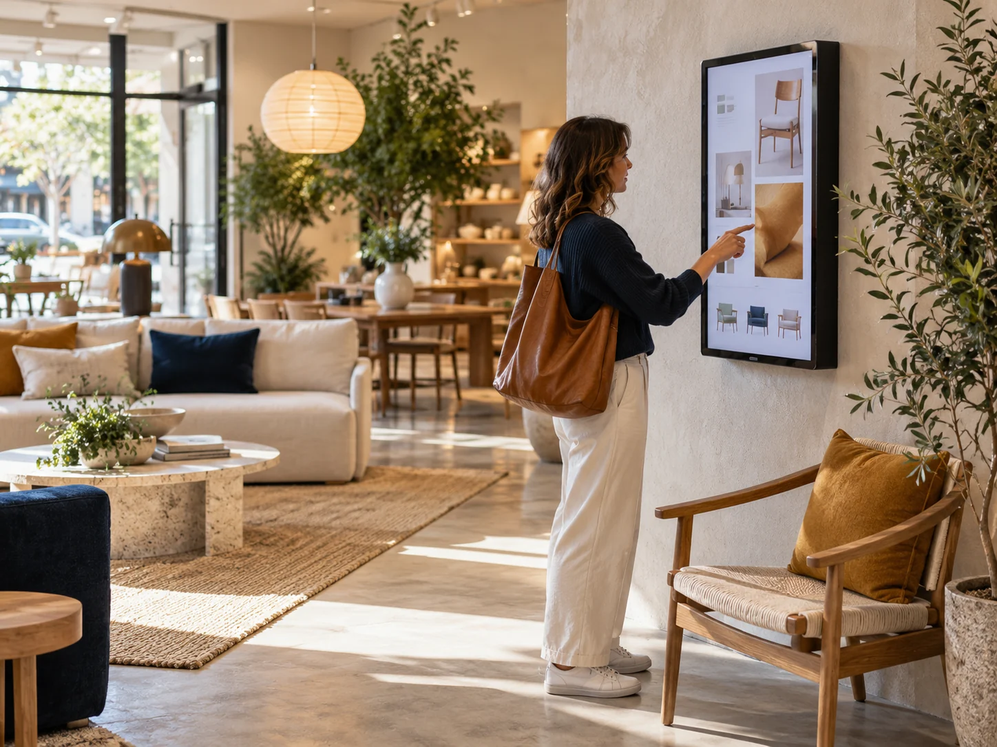 Conceptual customer using a digital catalogue in a furniture showroom