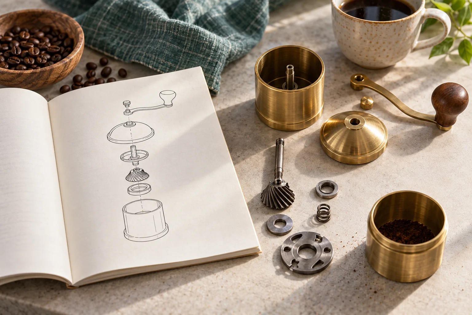 A physical instruction booklet beside the parts of a manual coffee grinder