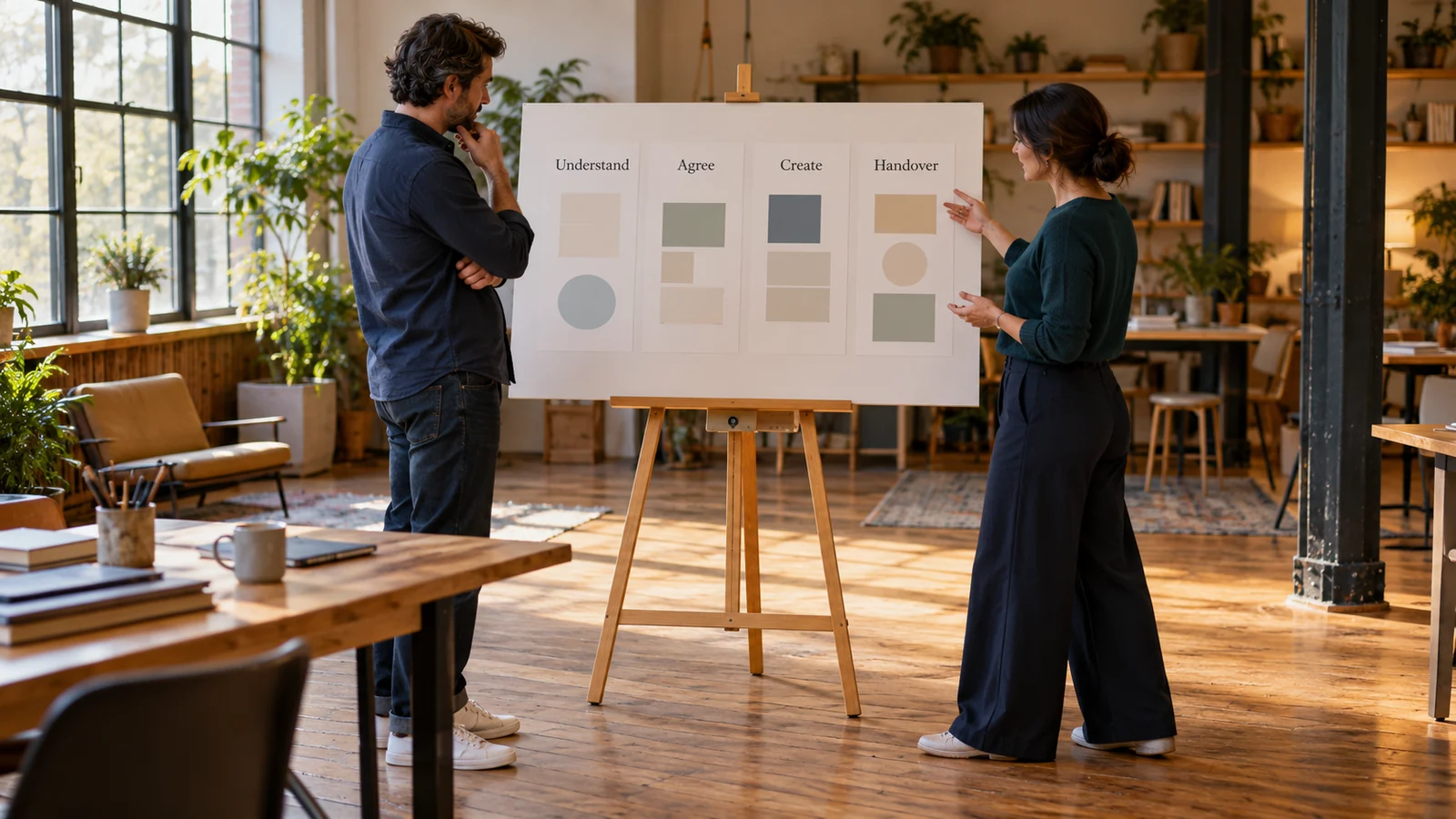 Two people reviewing four project stages on a presentation easel