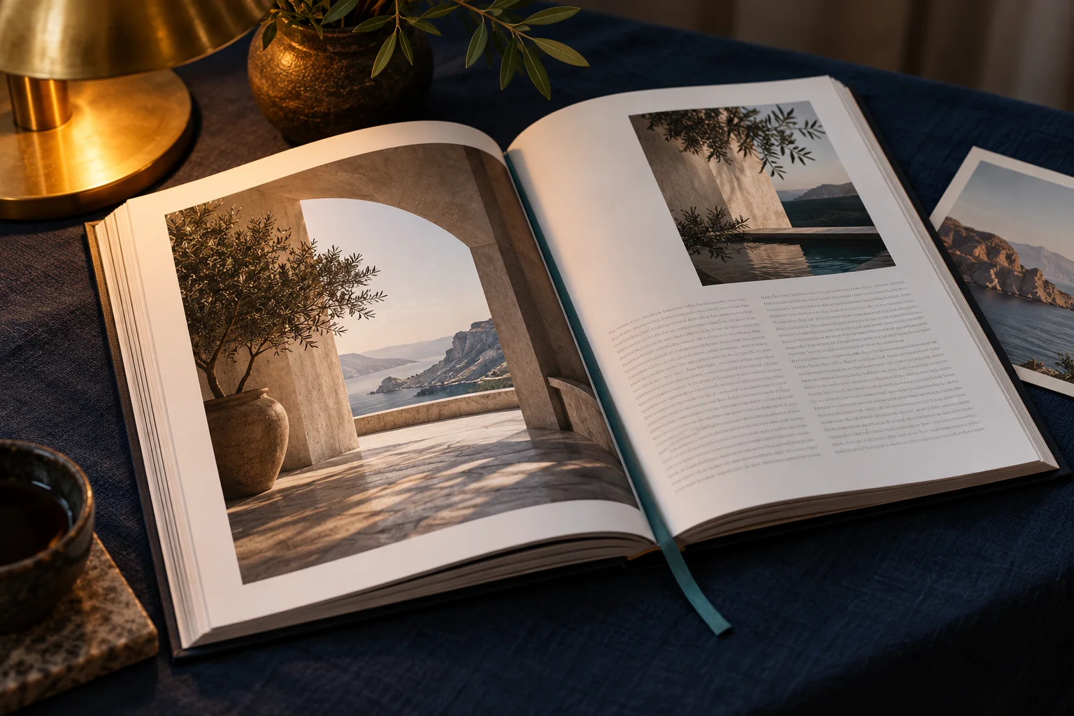 An open design journal with a contextual source photograph beside it