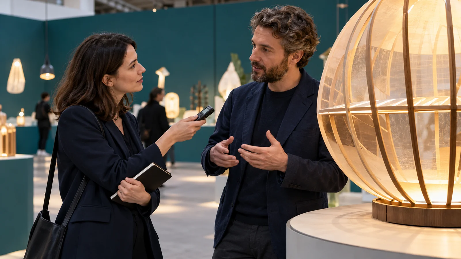 A journalist interviewing a designer beside a lighting prototype