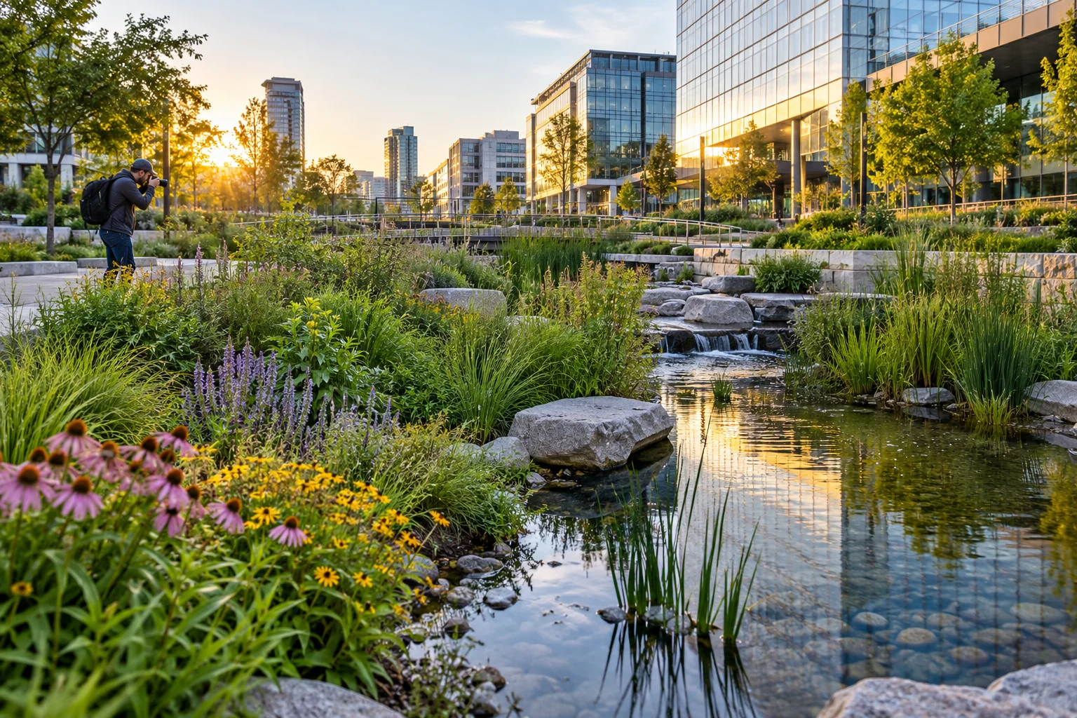 A photographer documenting an urban rain garden