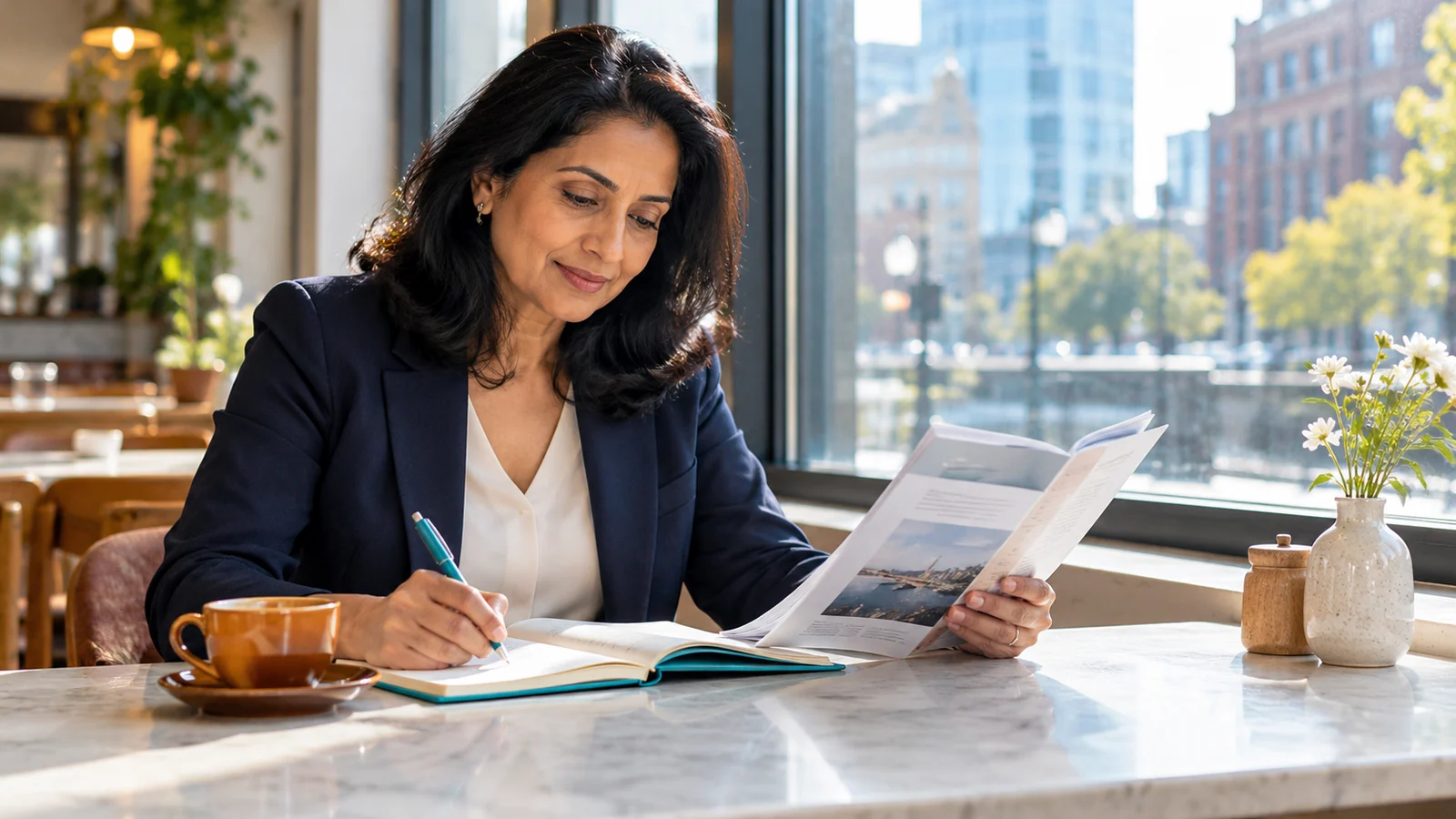 A business owner reading a guide and making notes by a cafe window
