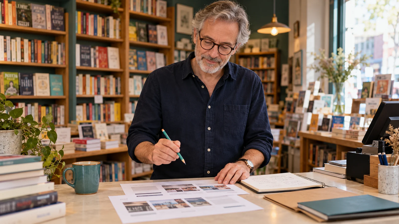A bookshop owner comparing a website layout with a priorities notebook
