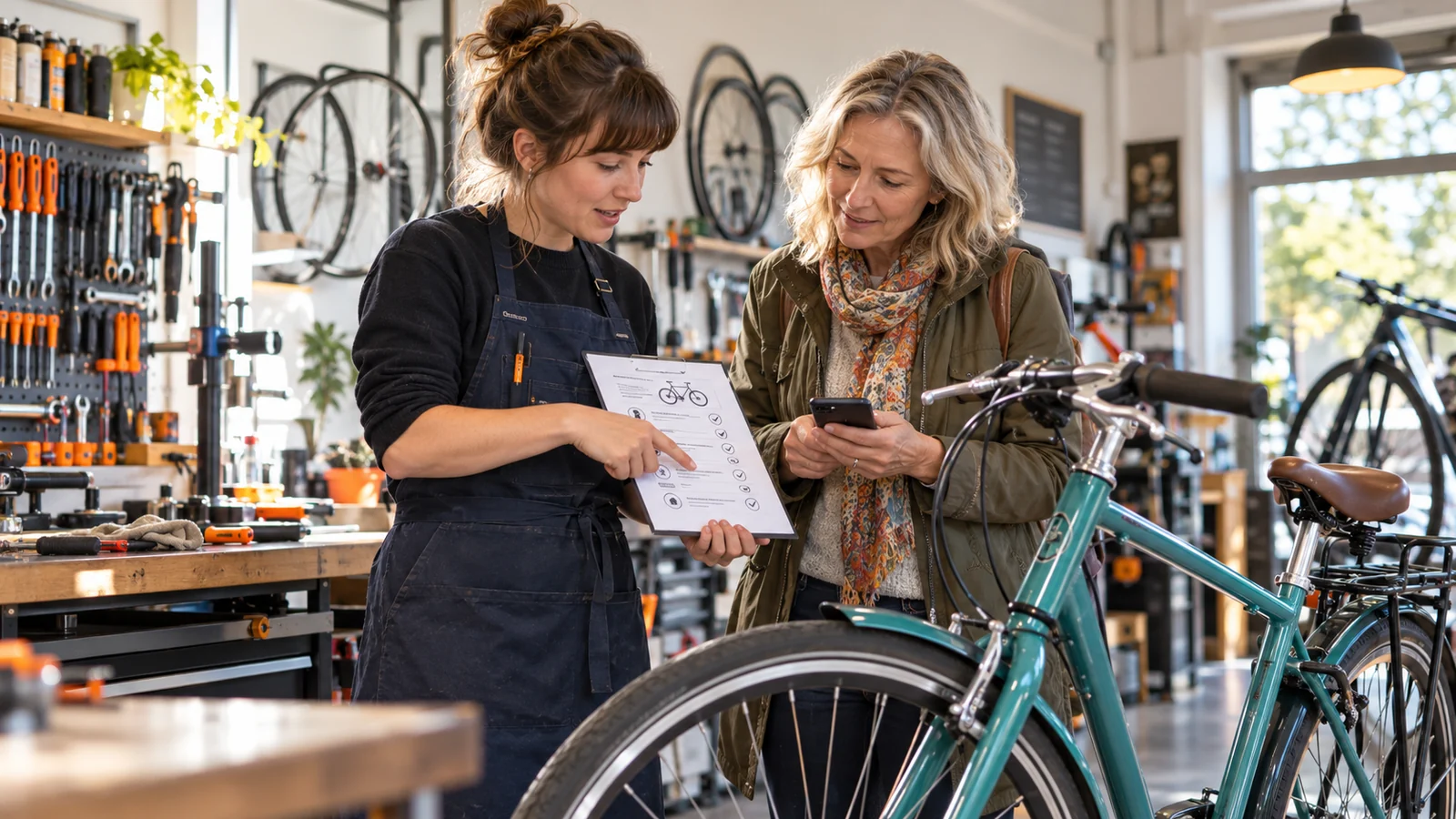 A bicycle mechanic explaining a service checklist to a customer