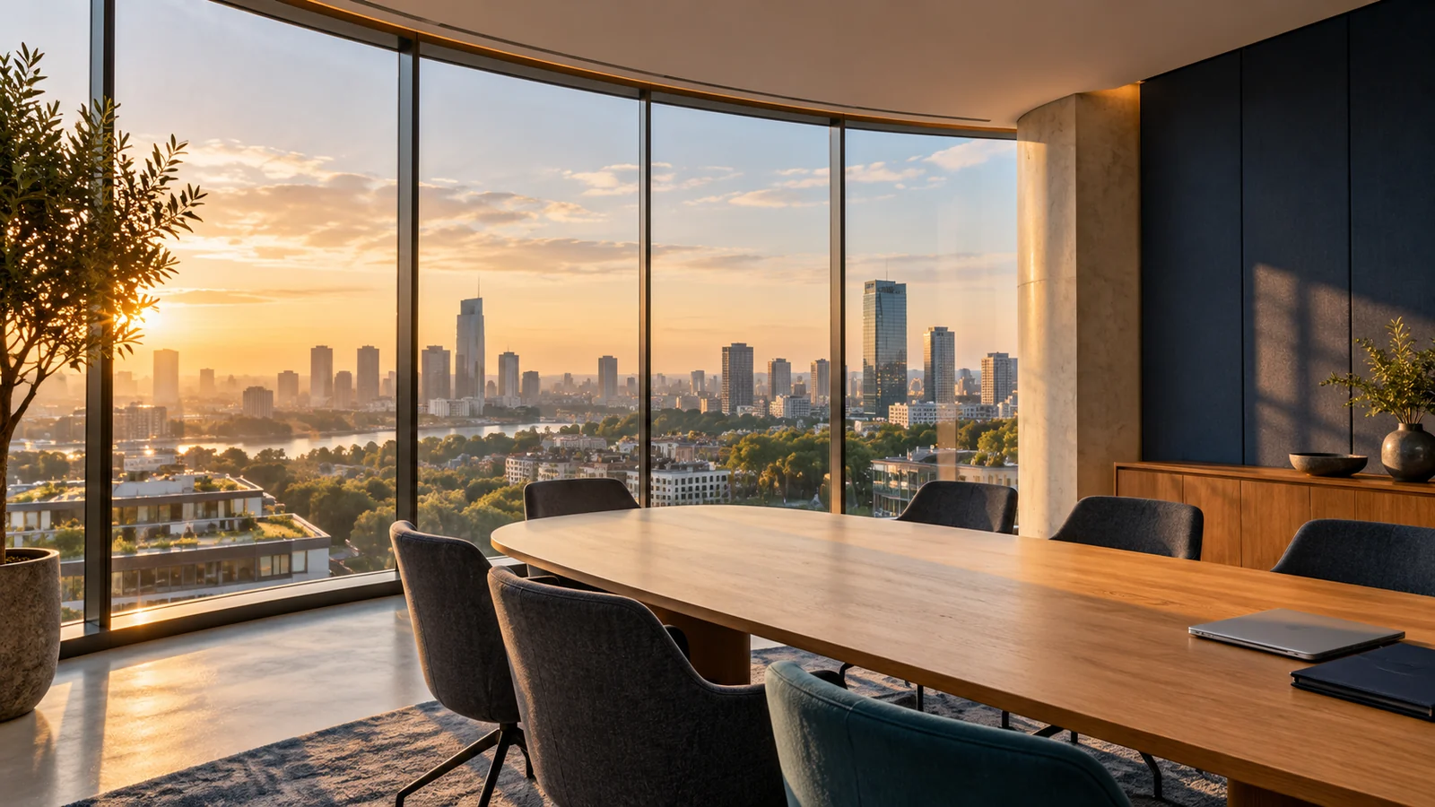 Conceptual empty strategy room overlooking a city in warm morning light