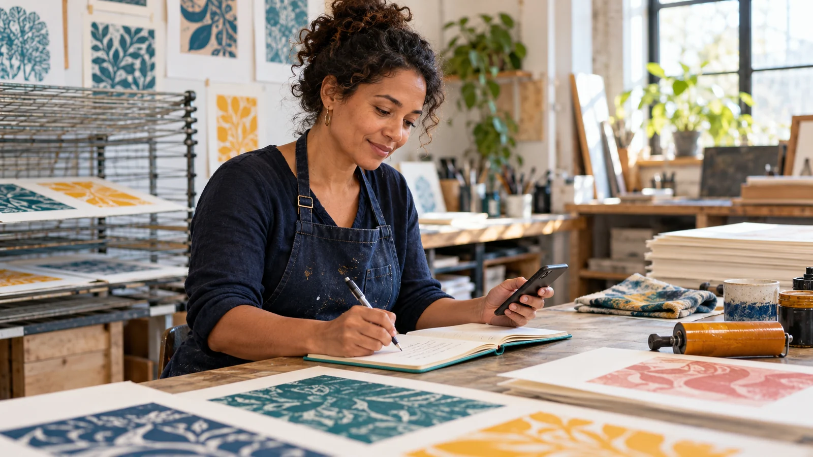 A printmaker prepares questions in a notebook beside her phone and printed work.