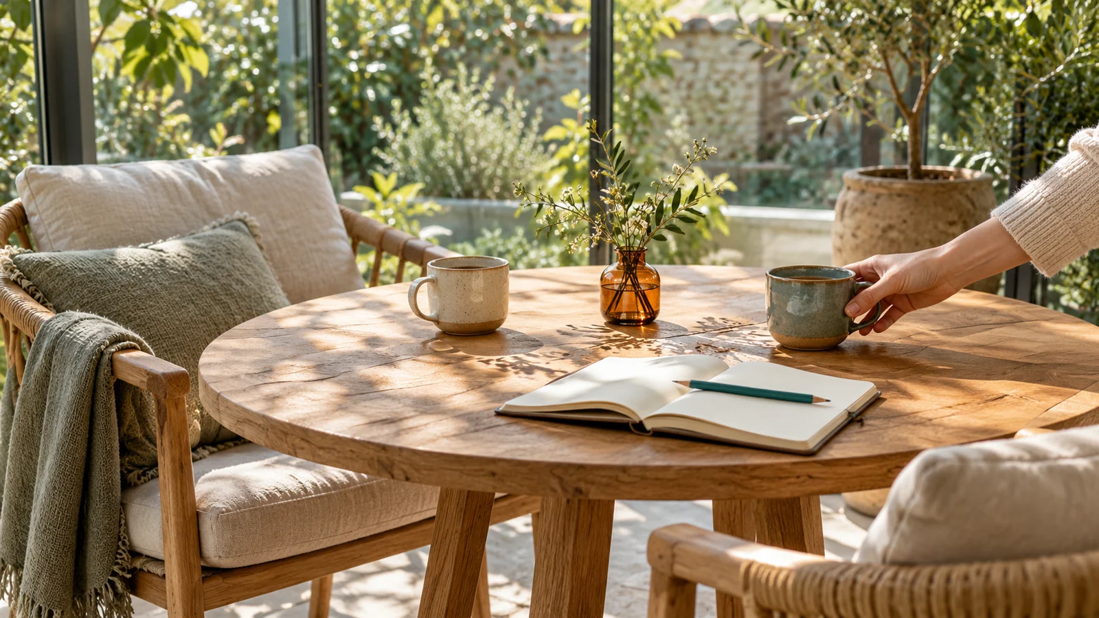 Two empty chairs, cups and a notebook are arranged around a sunlit garden room table.