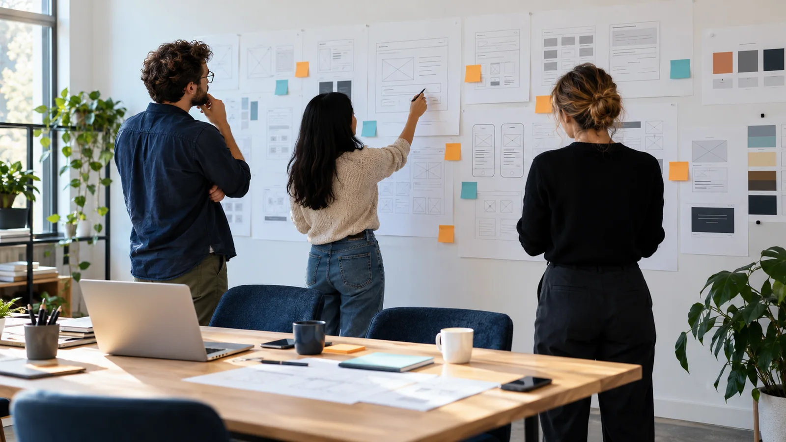Illustrative UX workshop reviewing website wireframes