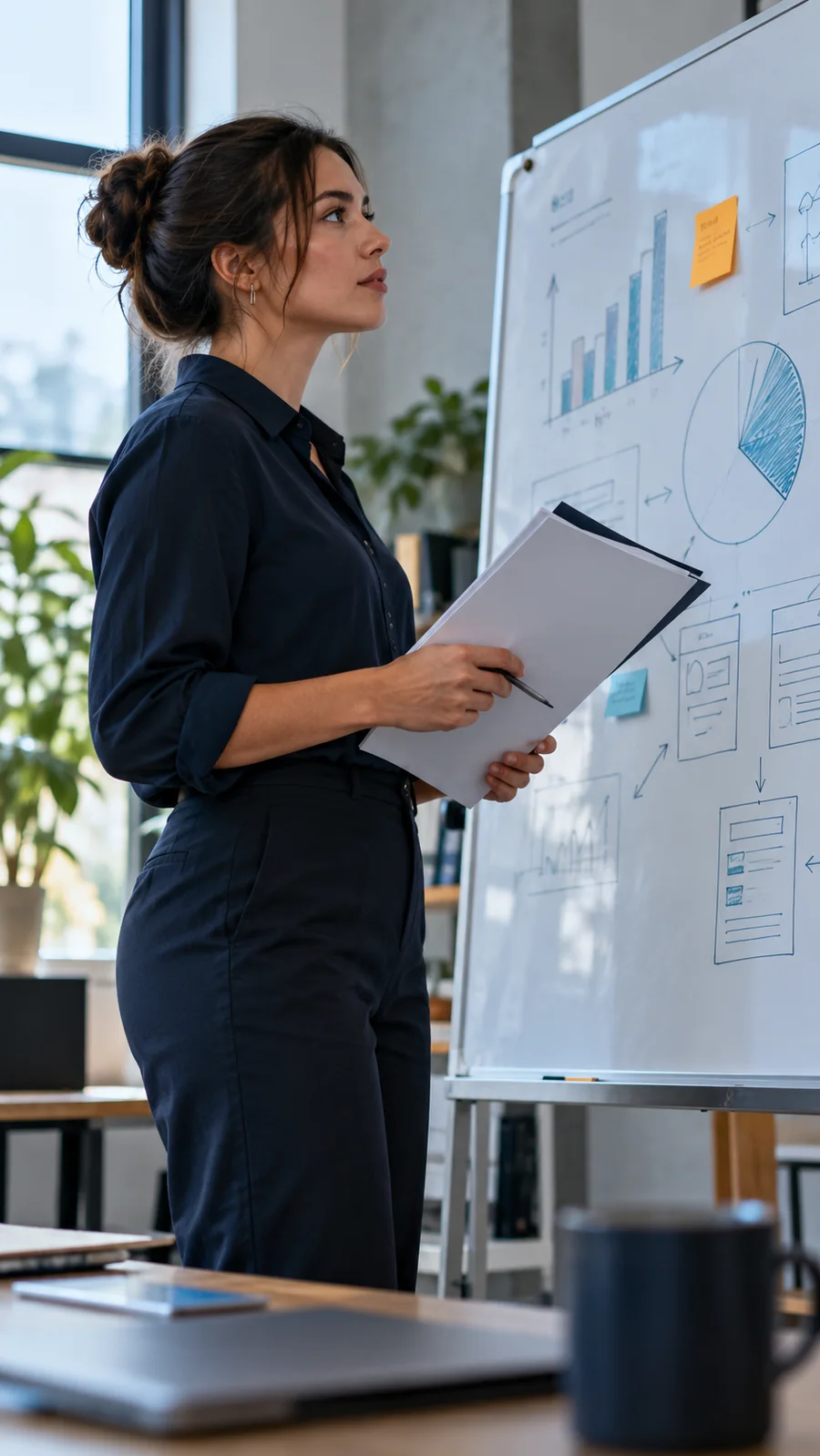 Illustrative analyst reviewing a search-readiness whiteboard