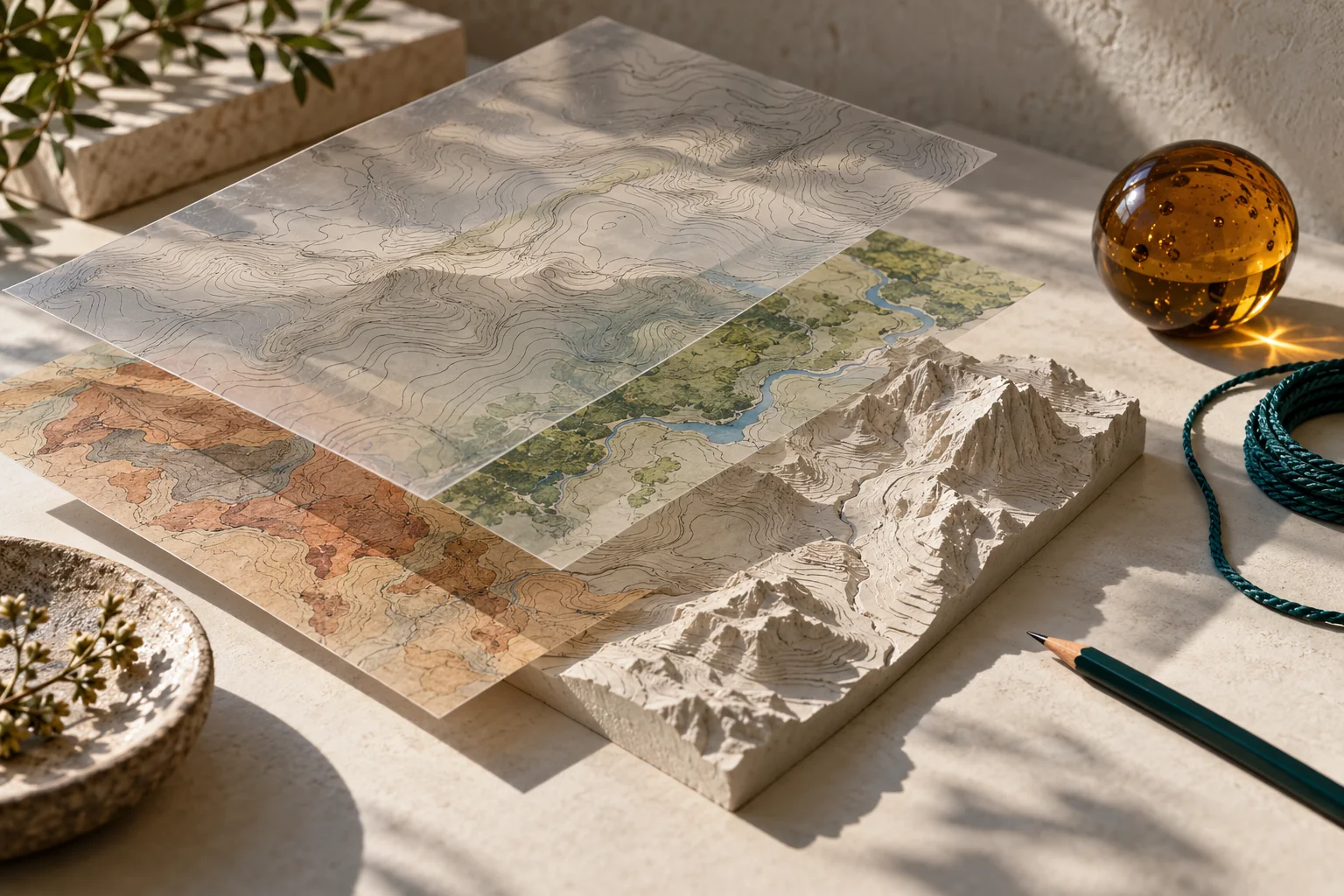 Layered contour maps and a tactile terrain model in daylight