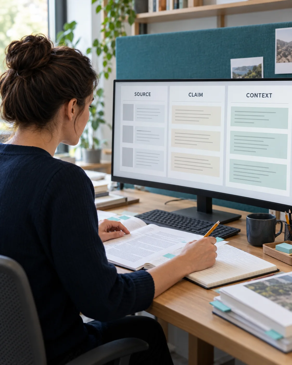 A researcher comparing source material with a structured digital source, claim and context view