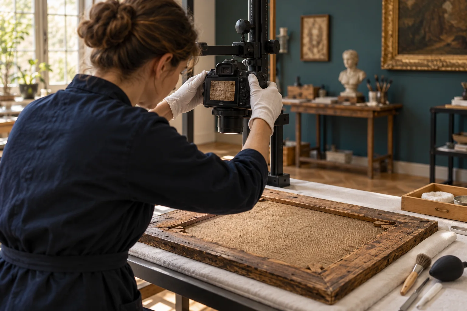 A conservator documenting the back of an artwork with a camera