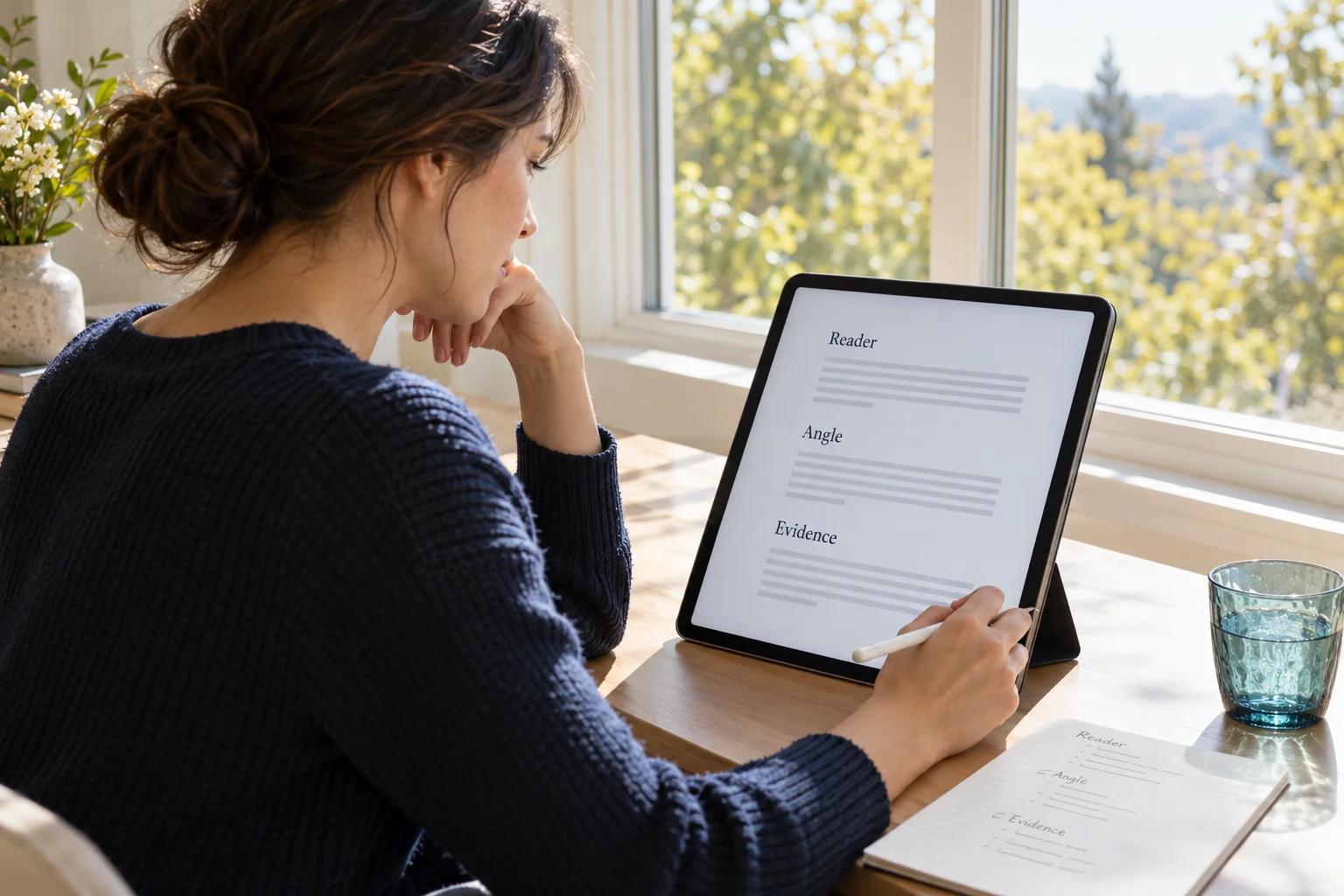 A writer reviewing a reader, angle and evidence outline on a tablet