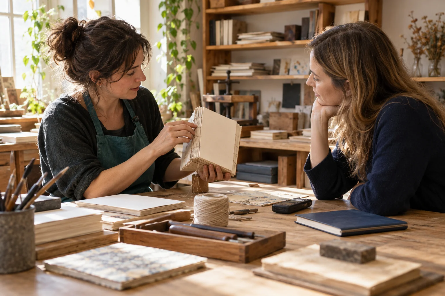 A writer listening to a bookbinder explain her craft in a workshop