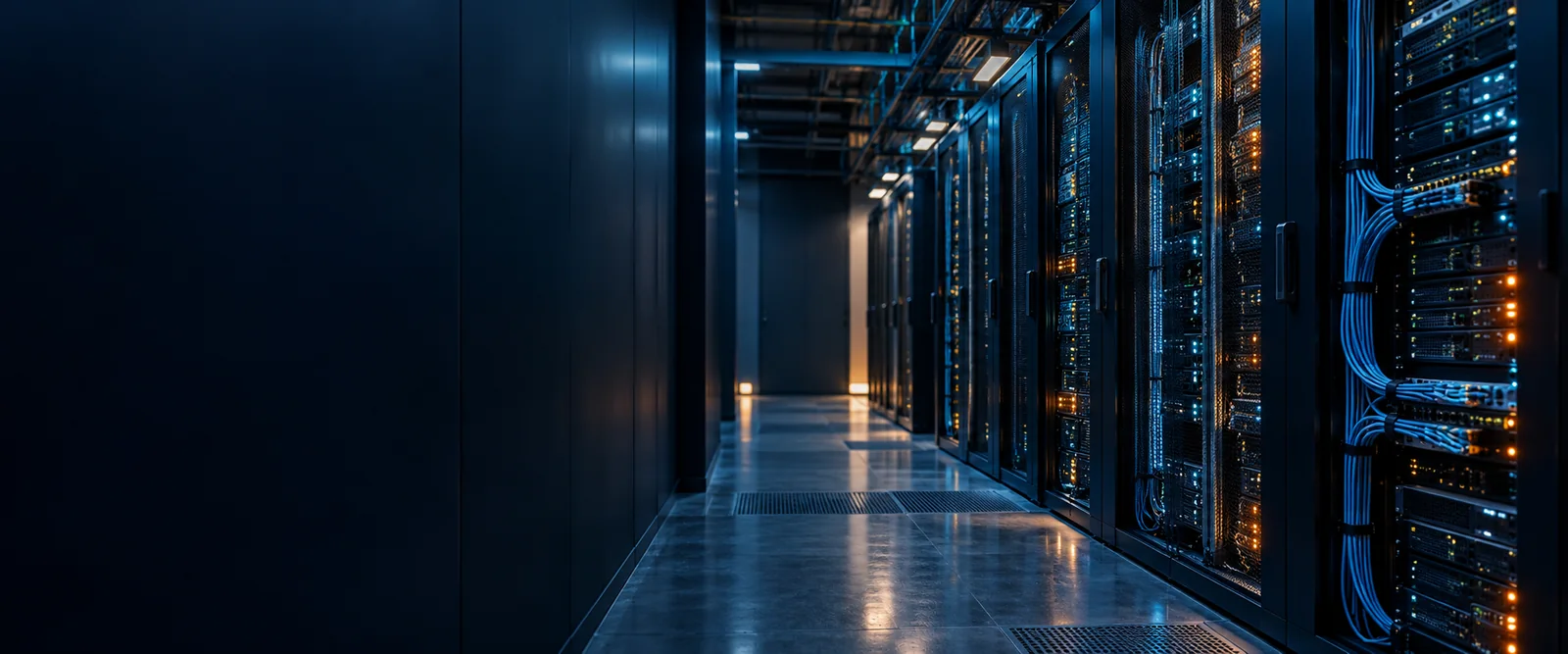 Illustrative modern web infrastructure with an orderly server aisle