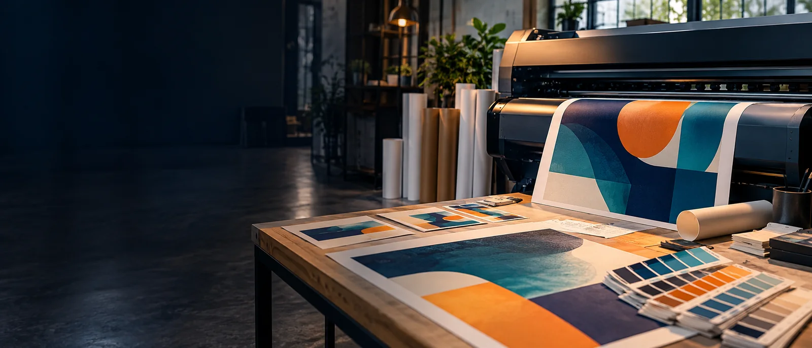 Illustrative digital design color proofing with printed layouts and swatches