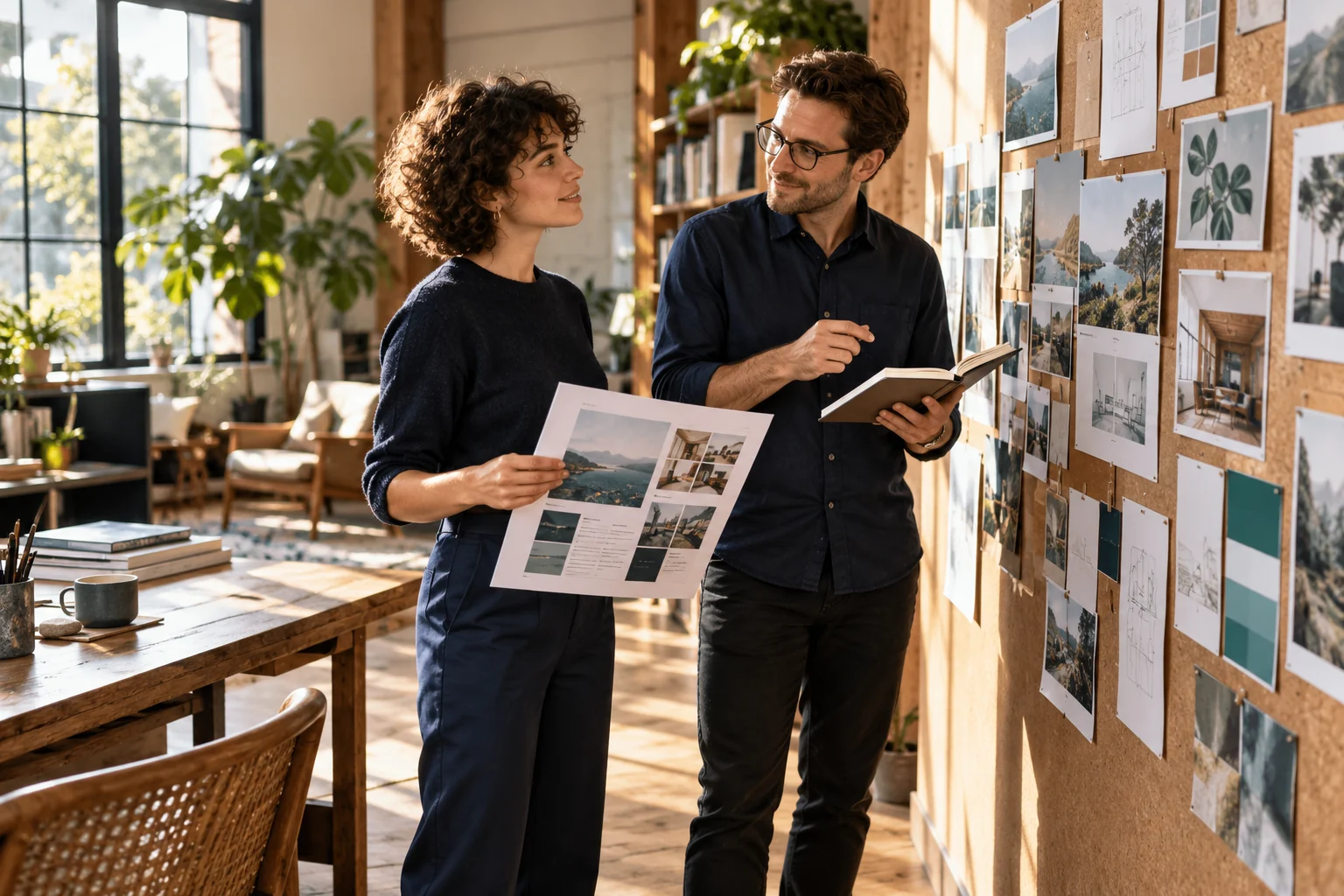 Two independent specialists discussing a website layout and editorial ideas at a pin wall