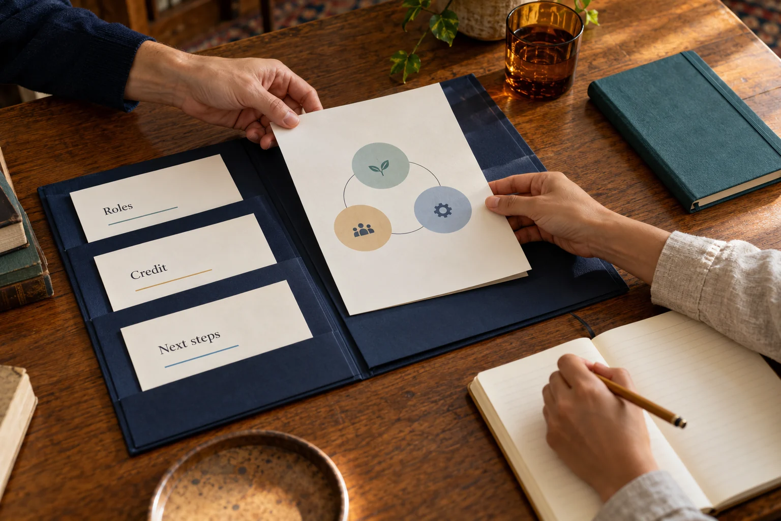 Hands arranging a project folder with roles, credit and next steps