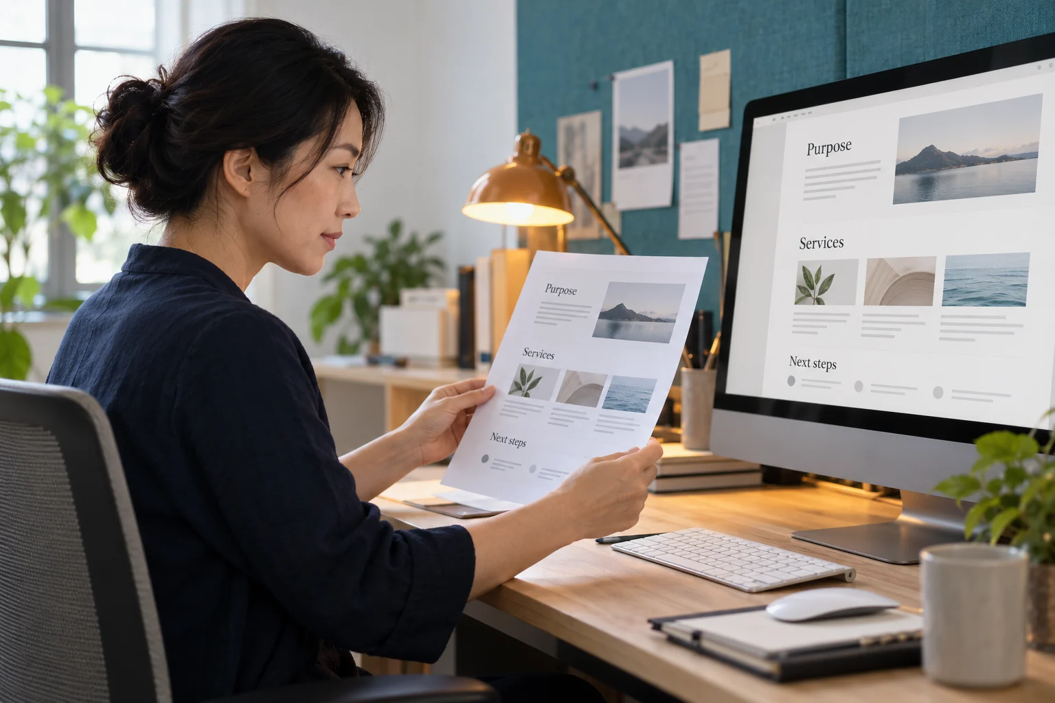 A designer comparing a page proof with a website on a monitor