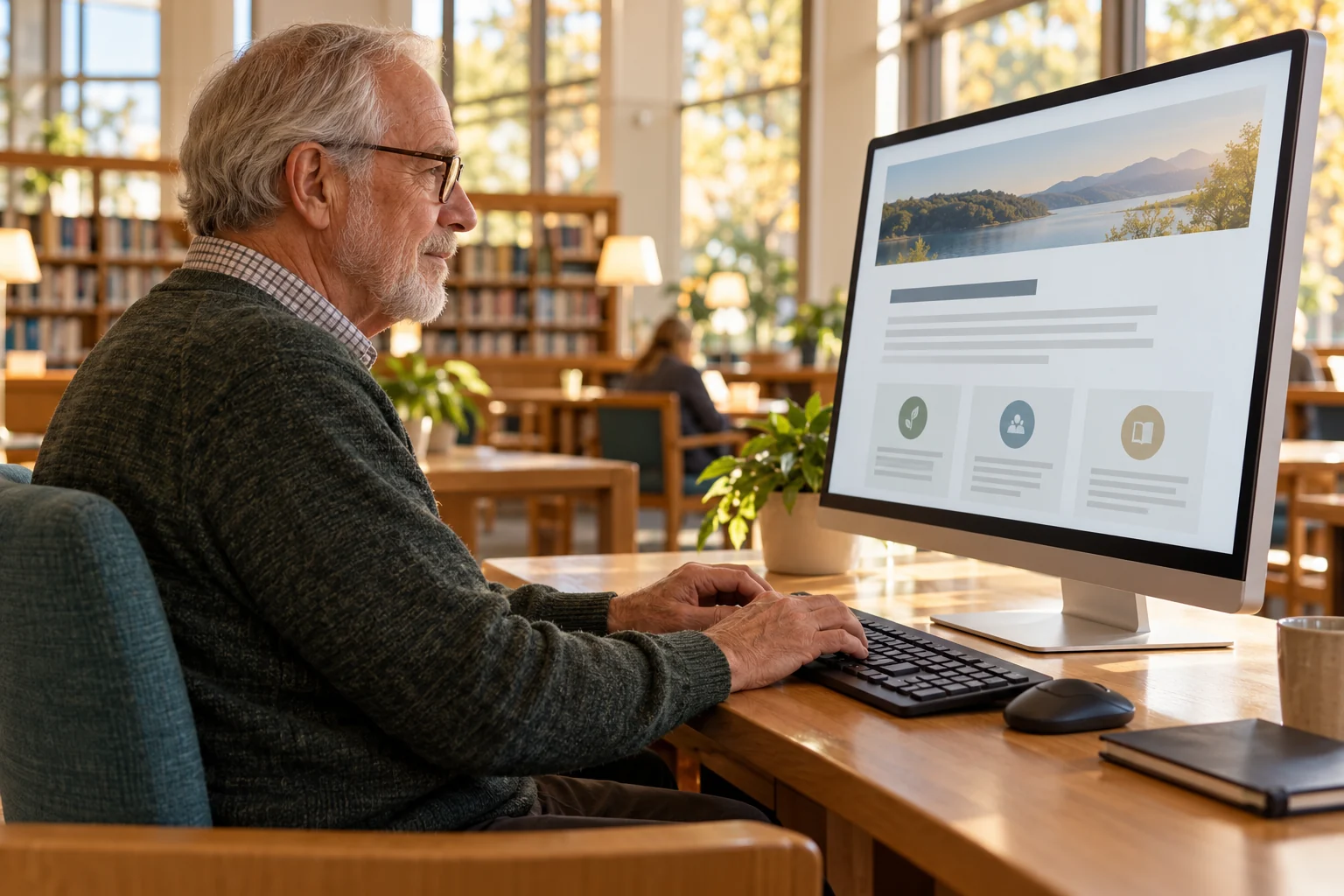 An older reader using a keyboard in a sunlit reading space