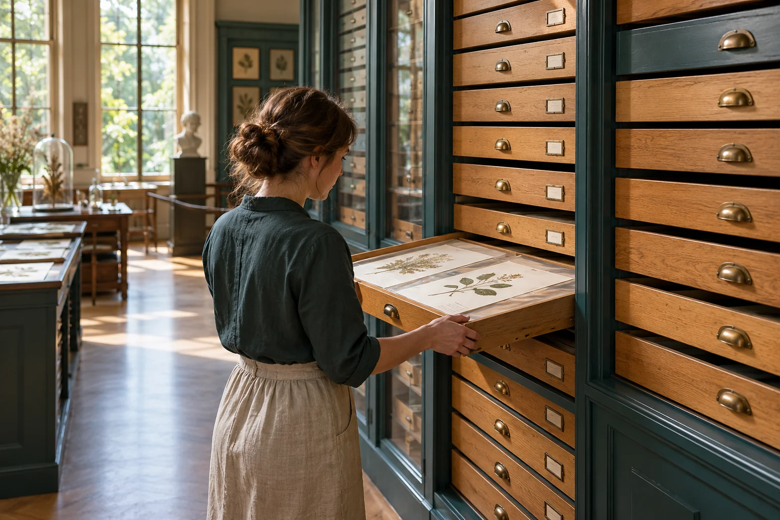 An archivist finding a botanical sheet in an ordered collection