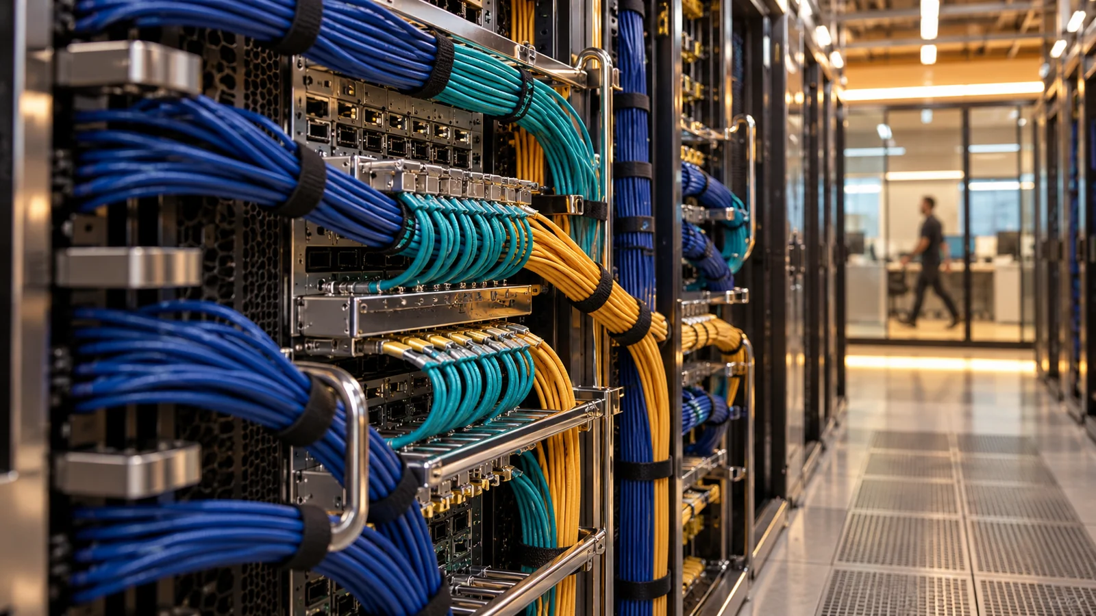 Organised network cables and ports in a technology facility