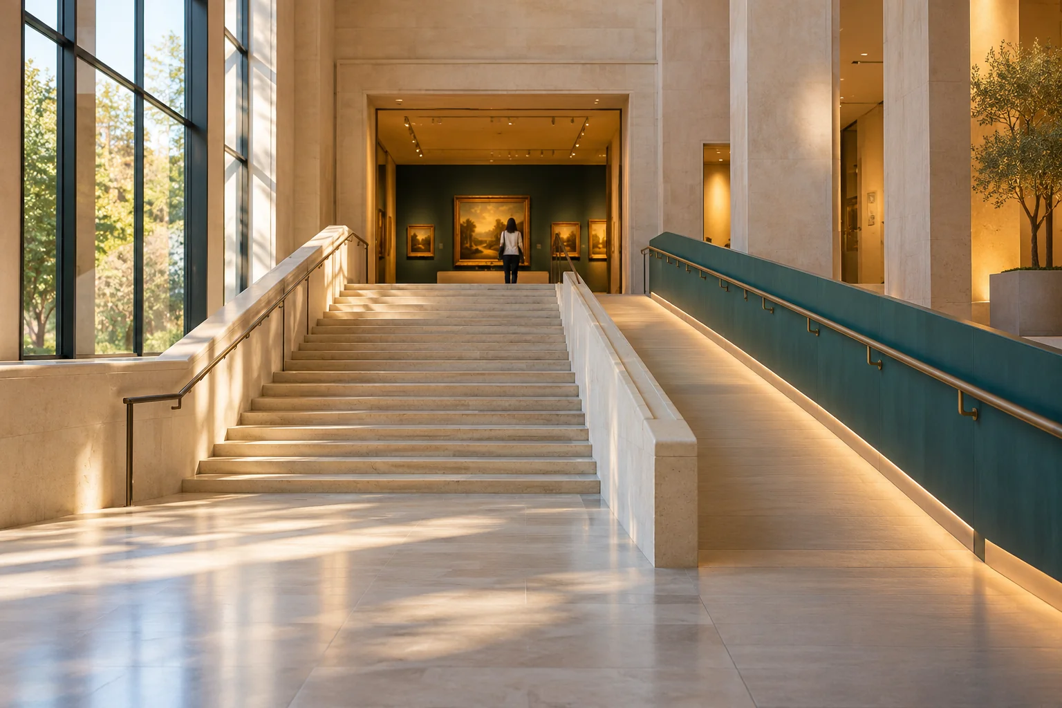 A visitor following a clear route through a cultural building