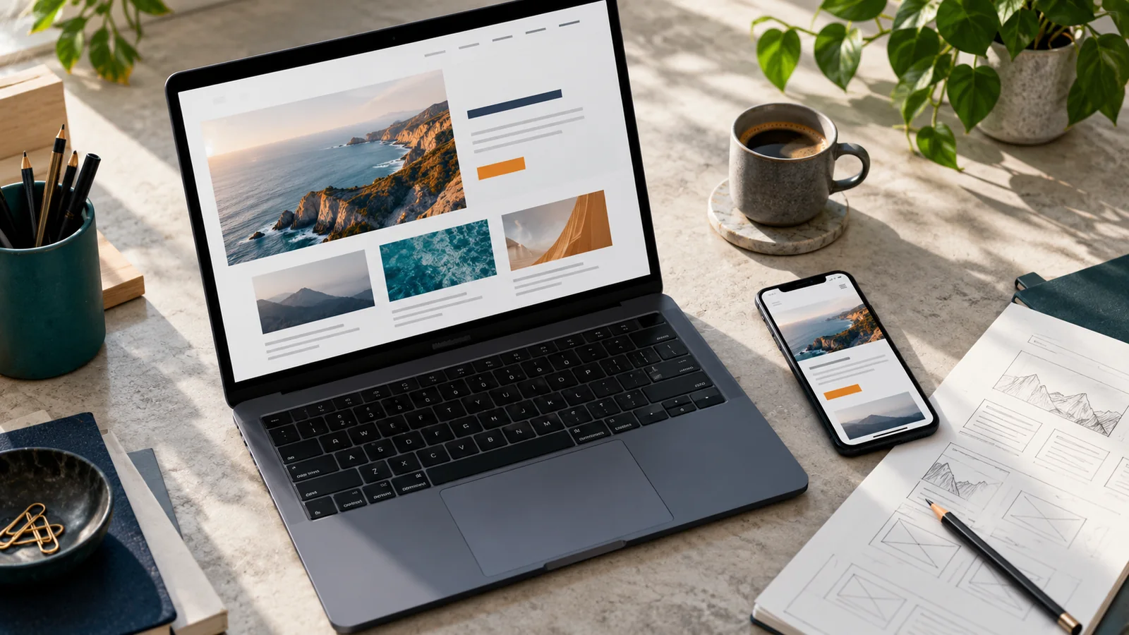 Illustrative responsive website layouts on a laptop and phone
