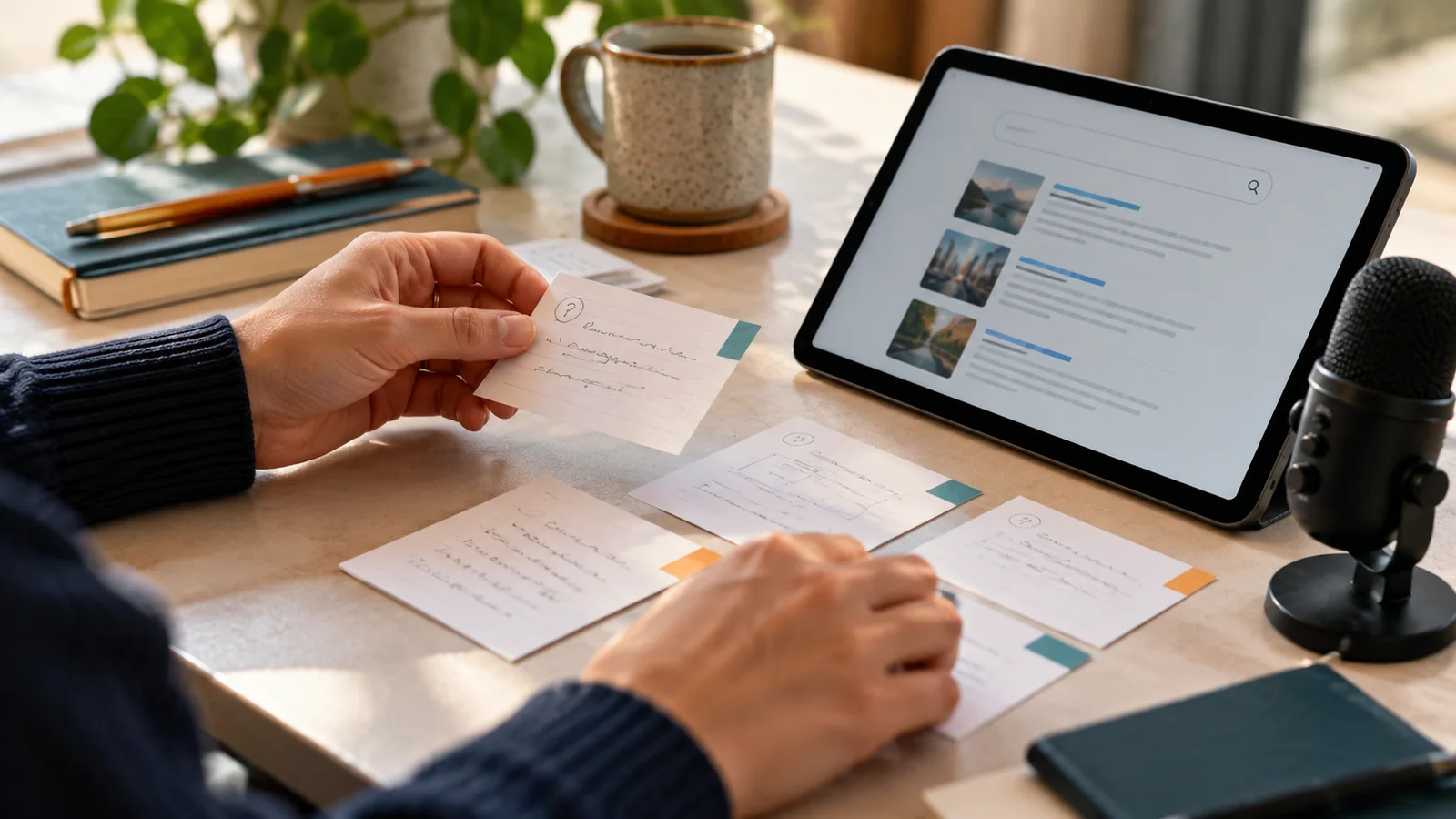 Illustrative question and answer research with cards and a tablet