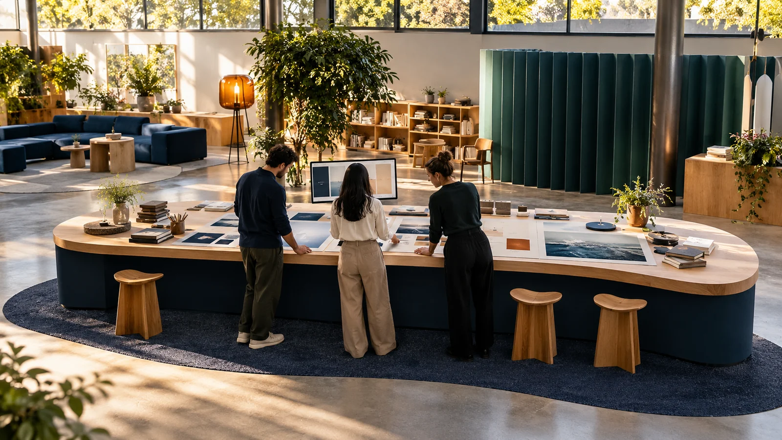 Conceptual professionals considering digital layouts together at a curved studio workbench