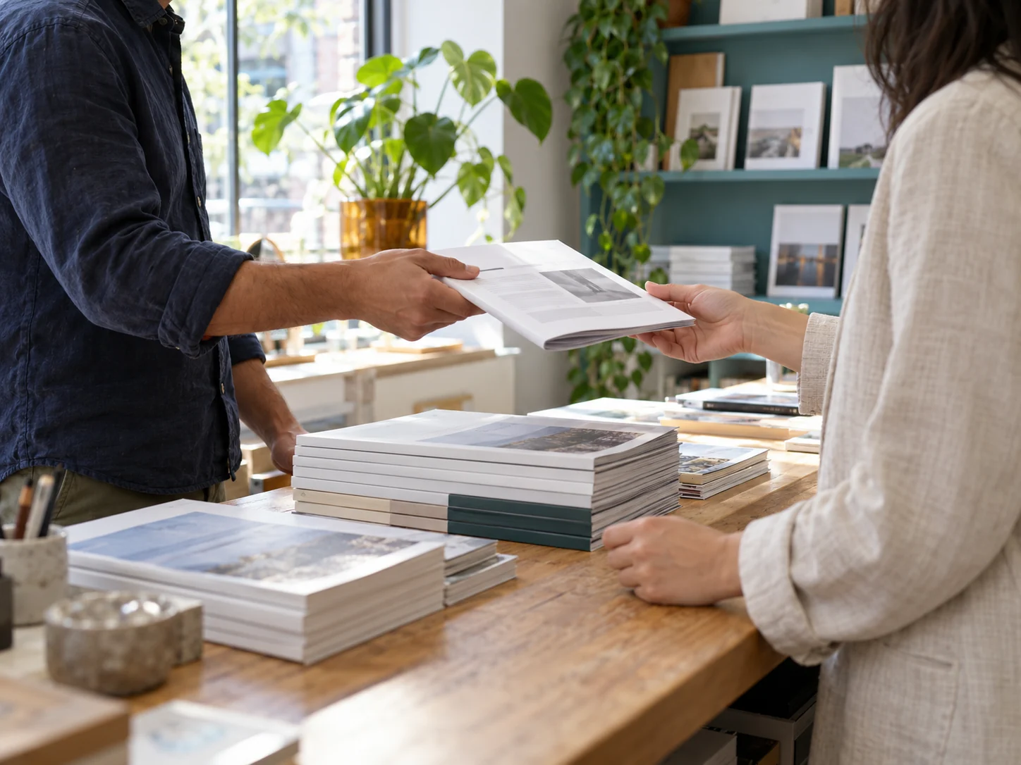 Conceptual publishing collaborators exchanging an article proof beside stacked journals