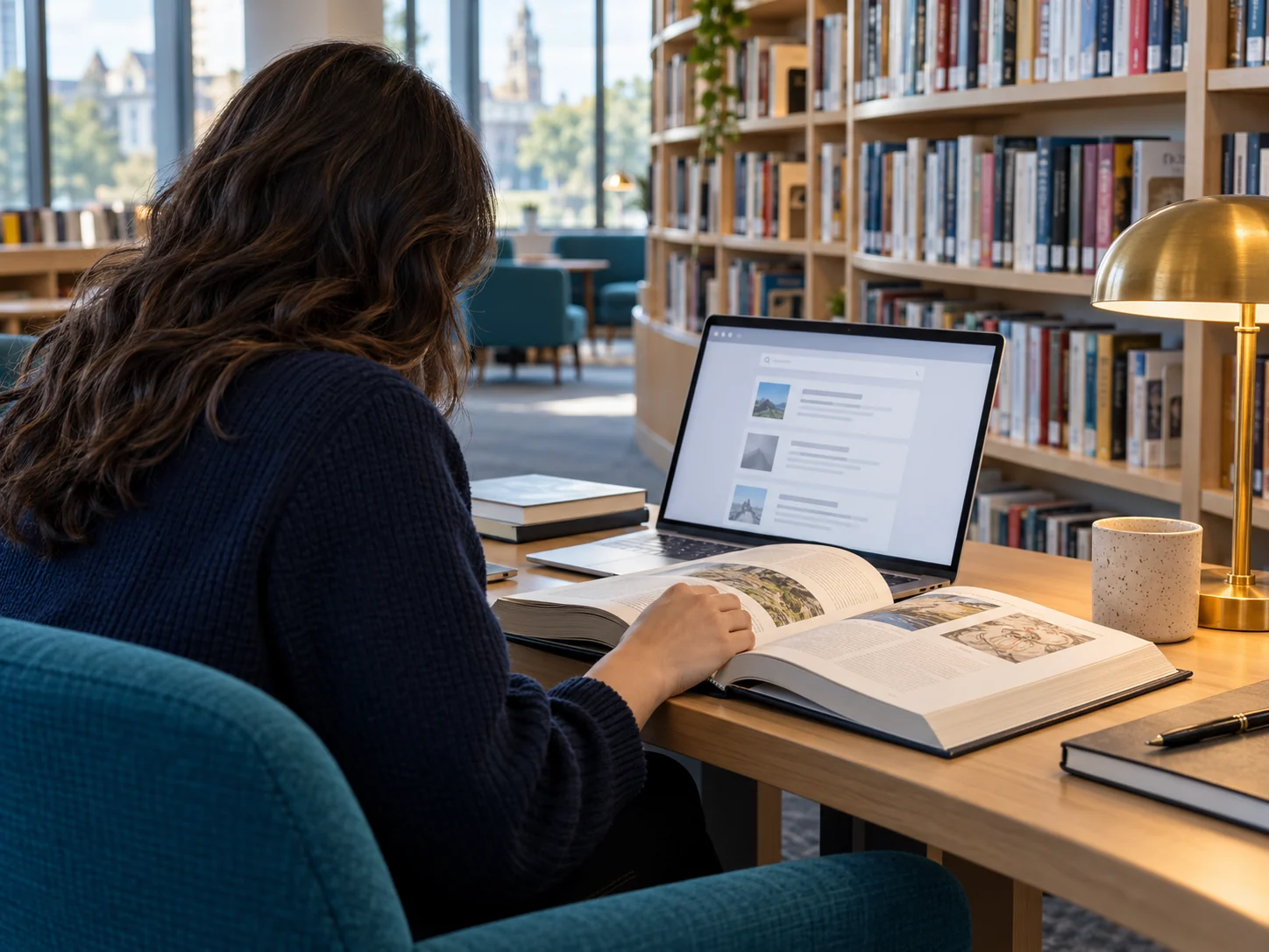 Conceptual researcher comparing a reference book with search information on a laptop in a library