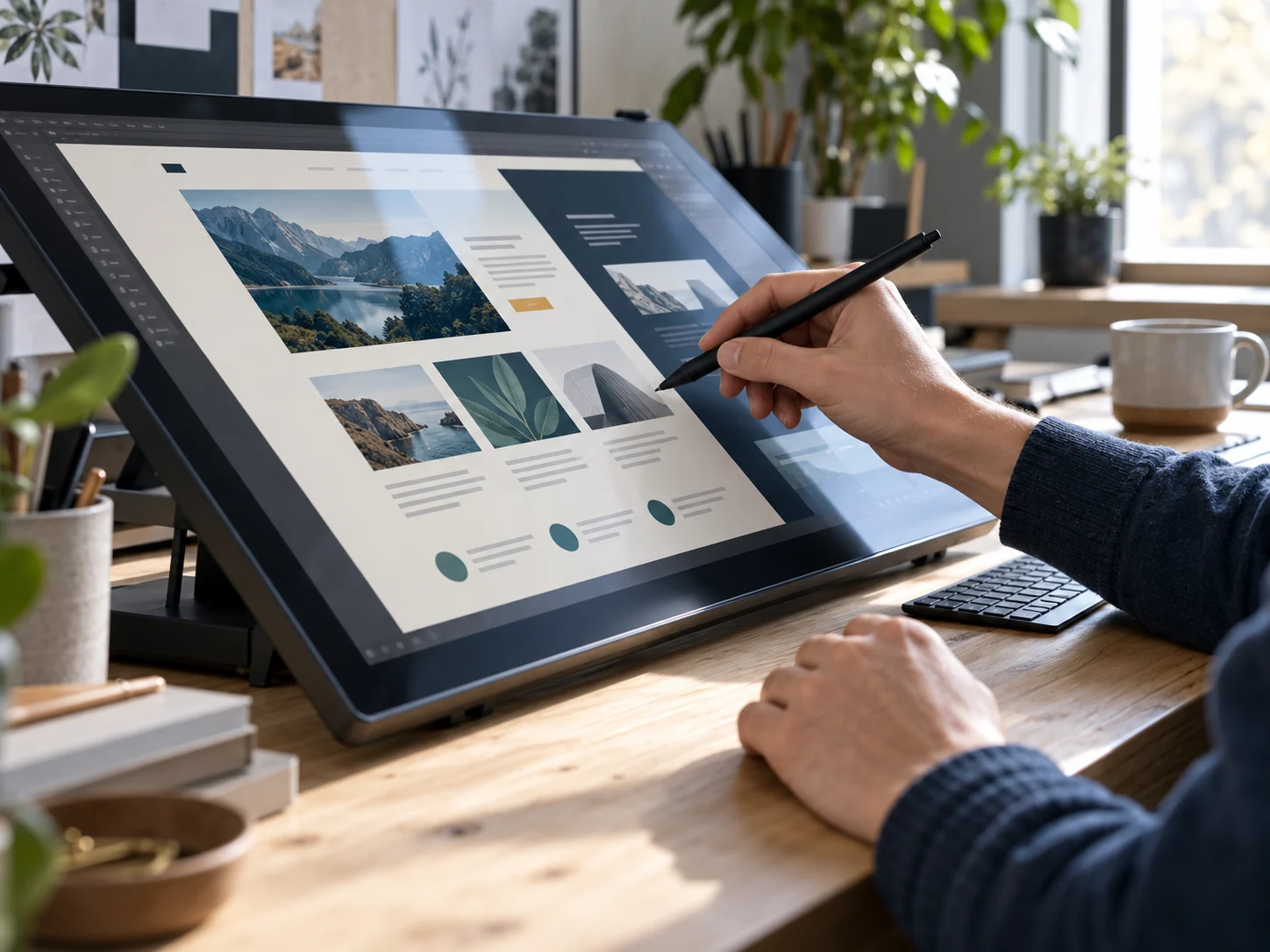 Conceptual designer using a stylus to refine a website layout on a pen display