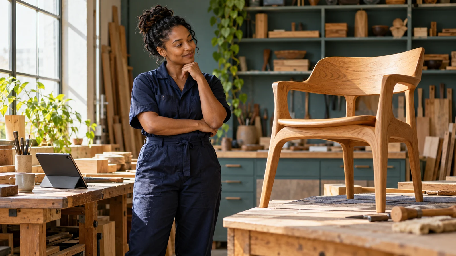 A furniture designer looking thoughtfully at her finished chair