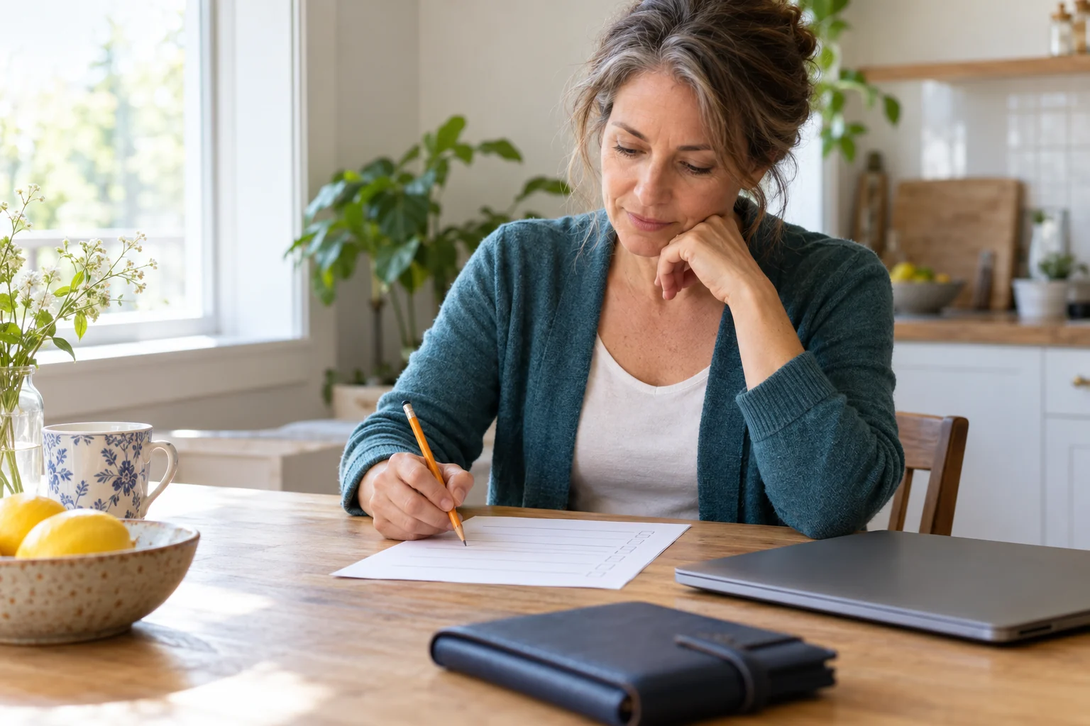 An independent consultant reviewing priorities at a kitchen table