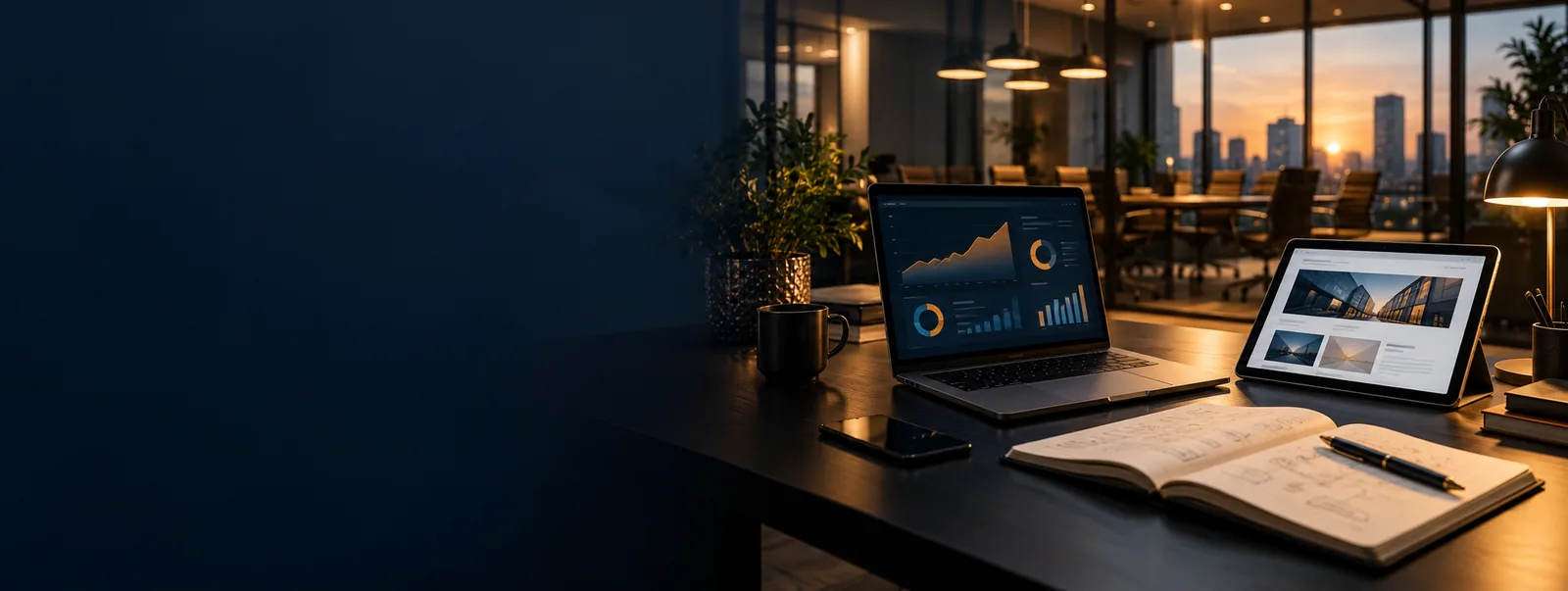 Digital strategy workspace with website layouts and analytics