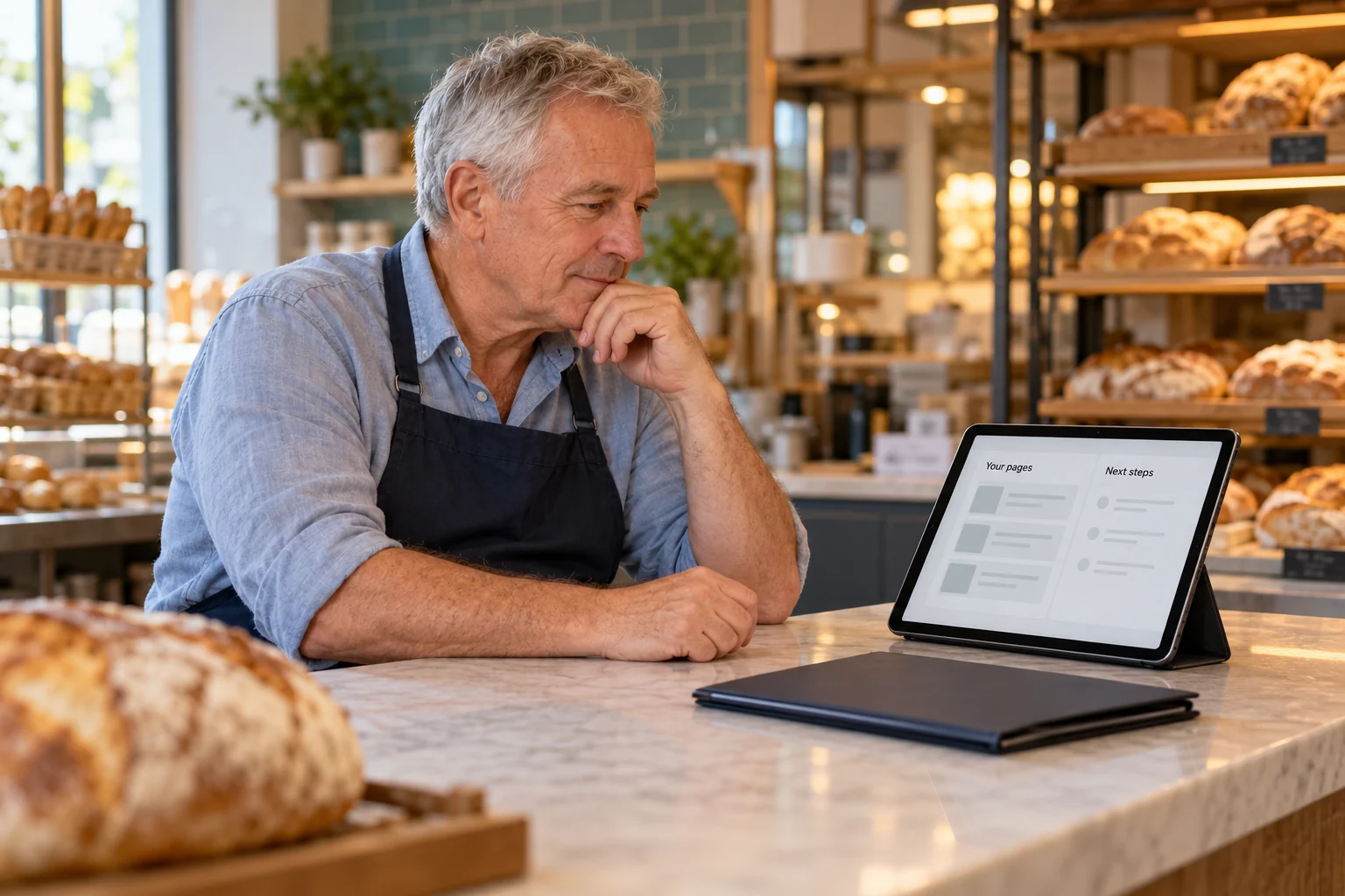 A bakery owner reviewing page guidance at a counter